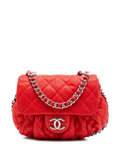 Pre-owned Chanel 2011 Mini Cc Quilted Washed Lambskin Chain Around Flap Crossbody Bag In Red