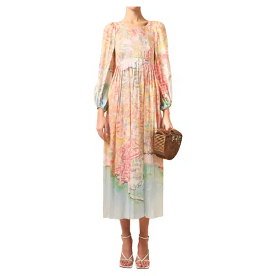 Pre-owned Chanel 2011 Pink Blue Pastel Babydoll Print Puff Sleeve Midi Maxi Silk Dress