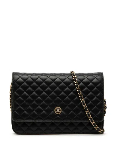 Pre-owned Chanel 2011 Quilted Lambskin Crest Wallet On Chain Crossbody Bag In Black