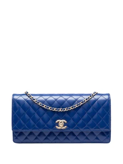 Pre-owned Chanel 2011 Quilted Lambskin East West Flap Clutch With Chain Crossbody Bag In Blue