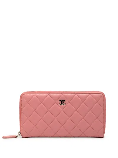 Pre-owned Chanel 2011 Quilted Lambskin Zip Around Wallet Long Wallets In Pink