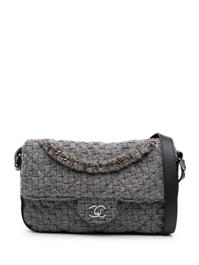 Pre-owned Chanel 2011 Quilted Wool And Calfskin Single Flap Satchel In Black