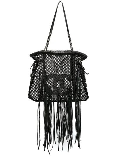 Pre-owned Chanel 2011 Resort Large Logo Fringed Tote In Black