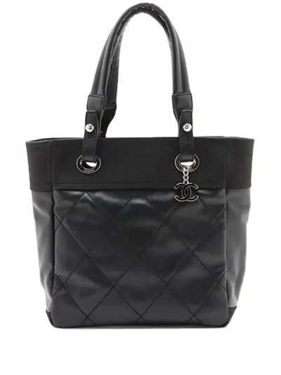 Pre-owned Chanel 2011 Small Quilted Coated Canvas Paris Biarritz Tote Bag In Black