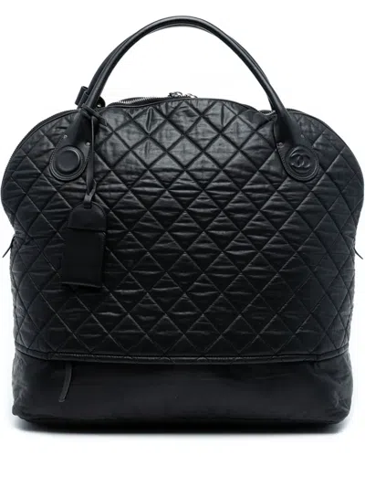Pre-owned Chanel 2011 Xl Quilted Coated Canvas Horizontal Sport Weekender Travel Bag In Black