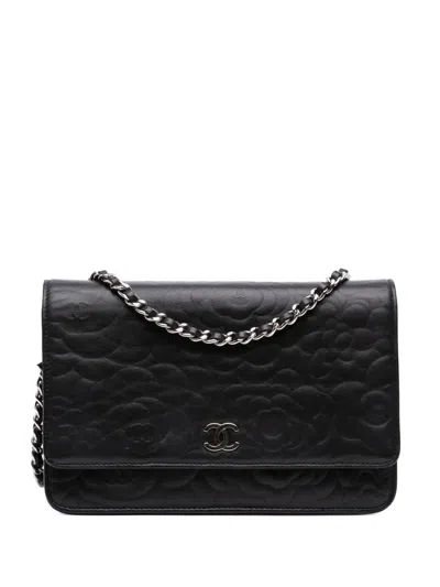 Pre-owned Chanel 2012-2013 Camellia Embossed Lambskin Wallet On Chain Crossbody Bag In Black