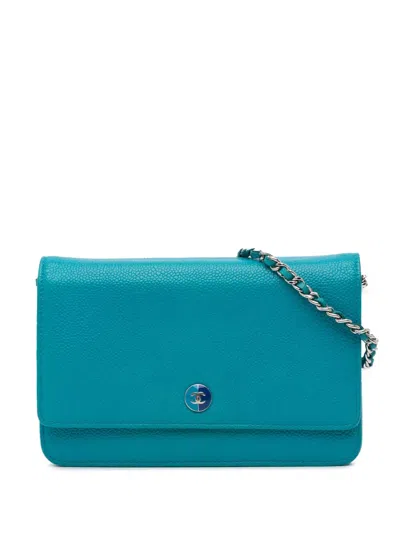 Pre-owned Chanel 2012-2013 Caviar Bicolor Cc Wallet On Chain Crossbody Bag In Blue