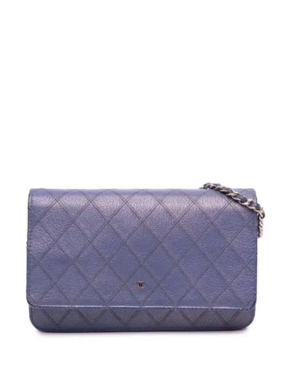 Pre-owned Chanel 2012-2013 Cc Calfskin Double Stitched Wallet On Chain Crossbody Bag In Blue