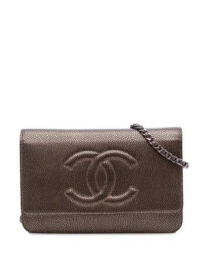 Pre-owned Chanel 2012-2013 Cc Metallic Caviar Wallet On Chain Crossbody Bag In Brown