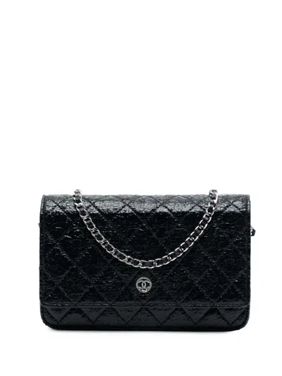 Pre-owned Chanel 2012-2013 Cc Quilted Crinkled Patent Wallet On Chain Crossbody Bag In Black