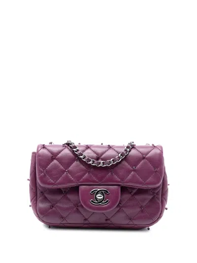 Pre-owned Chanel 2012-2013 Extra Mini Rectangular Lambskin Beaded Single Flap Crossbody Bag In Purple