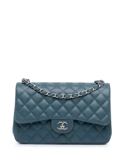 Pre-owned Chanel 2012-2013 Jumbo Classic Lambskin Double Flap Shoulder Bag In Blue