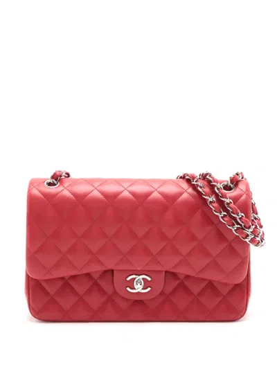 Pre-owned Chanel 2012-2013 Jumbo Classic Lambskin Double Flap Shoulder Bag In Red