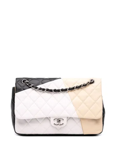 Pre-owned Chanel 2012-2013 Jumbo Classic Tricolor Lambskin Colorblock Double Flap Shoulder Bag In White