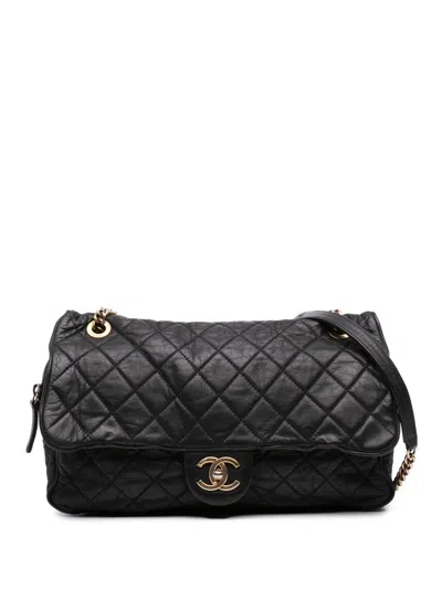 Pre-owned Chanel 2012-2013 Large Quilted Iridescent Calfskin Shiva Flap Shoulder Bag In Black
