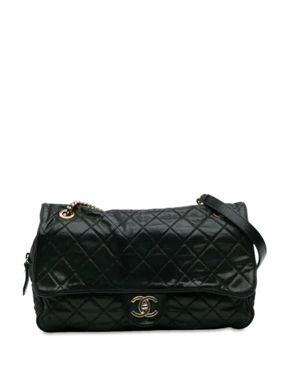 Pre-owned Chanel 2012-2013 Large Quilted Iridescent Calfskin Shiva Flap Shoulder Bag In Black