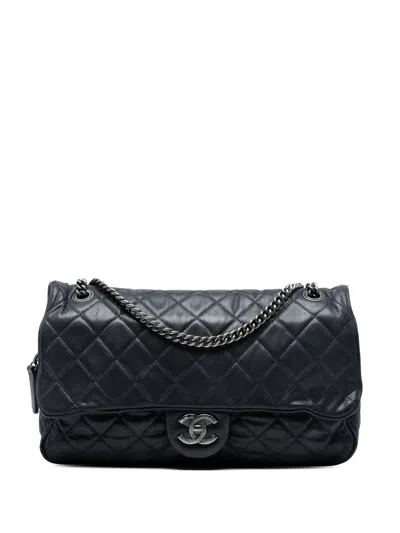 Pre-owned Chanel 2012-2013 Large Quilted Iridescent Calfskin Shiva Flap Shoulder Bag In Black