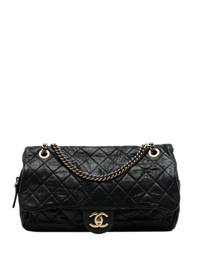 Pre-owned Chanel 2012-2013 Large Quilted Iridescent Calfskin Shiva Flap Shoulder Bag In Black