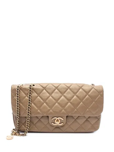 Pre-owned Chanel 2012-2013 Medium Quilted Metallic Lambskin Cc Crown Flap Shoulder Bag In Brown