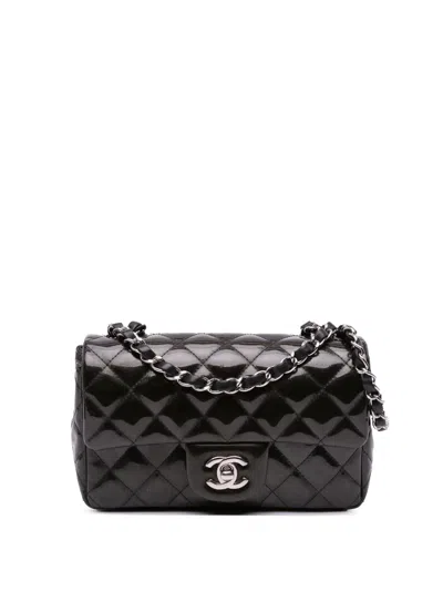 Pre-owned Chanel 2012-2013 Mini Rectangular Classic Striped Patent Single Flap Crossbody Bag In Black