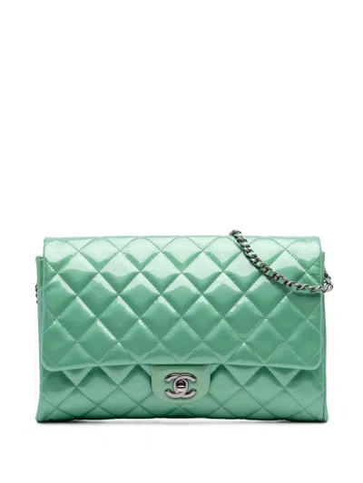 Pre-owned Chanel 2012-2013 Quilted Patent New Clutch On Chain Shoulder Bag In Green