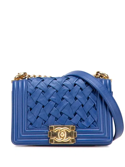Pre-owned Chanel 2012-2013 Small Woven Lambskin Chateau Boy Flap Shoulder Bag In Blue