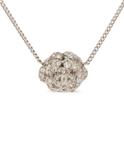 Pre-owned Chanel 2012 Camellia Rhinestone Necklace In Silver