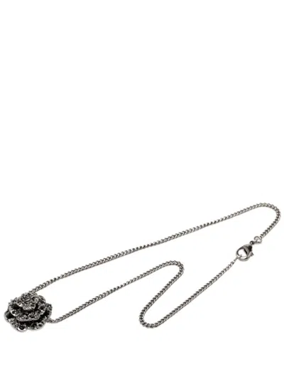 Pre-owned Chanel 2012 Cc Brass Strass Camellia Pendant Necklace Costume Necklace In Silver