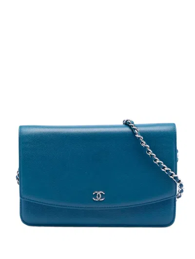 Pre-owned Chanel 2012 Cc Caviar Sevruga Wallet On Chain Crossbody Bag In Blue