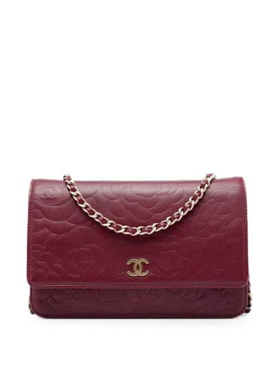 Pre-owned Chanel 2012 Cc Embossed Calfskin Camellia Wallet On Chain Crossbody Bag In Red
