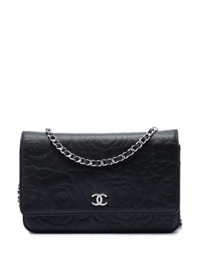 Pre-owned Chanel 2012 Cc Embossed Lambskin Camellia Wallet On Chain Crossbody Bag In Black
