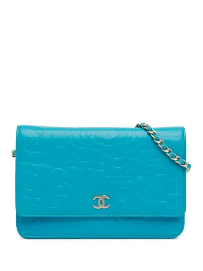 Pre-owned Chanel 2012 Cc Embossed Lambskin Camellia Wallet On Chain Crossbody Bag In Blue