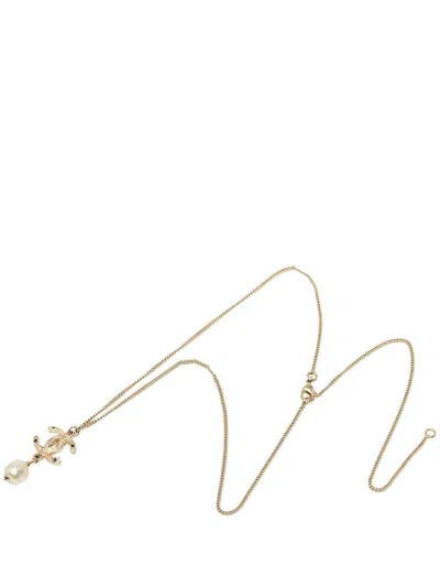 Pre-owned Chanel 2012 Cc Gold Plated Strass Faux Pearl Drop Pendant Necklace Costume Necklace