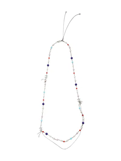 Pre-owned Chanel 2012 Cc Mark Pearl Long Necklace In Silver