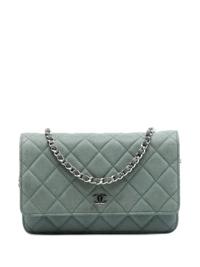 Pre-owned Chanel 2012 Cc Quilted Caviar Wallet On Chain Crossbody Bag In Blue