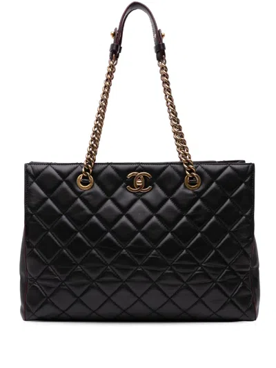 Pre-owned Chanel 2012 Cc Quilted Lambskin Turnlock Tote Bag In Black