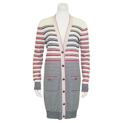 Pre-owned Chanel 2012  Cream, Black And Red Striped Knit Cardigan/car Coat