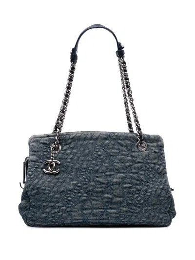 Pre-owned Chanel 2012 Denim Camellia Embroidered Shopping Tote Bag In Blue