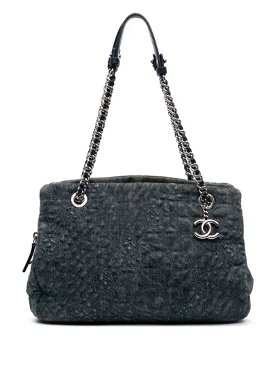 Pre-owned Chanel 2012 Denim Camellia Embroidered Shopping Tote Bag In Blue