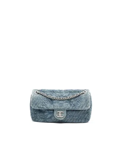 Chanel 2012 Denim Camellia Medium Flap Bag In Blue