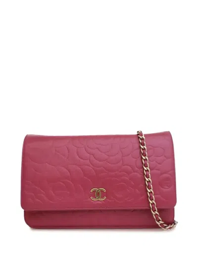 Pre-owned Chanel 2012 Embossed Lambskin Camellia Wallet On Chain Crossbody Bag