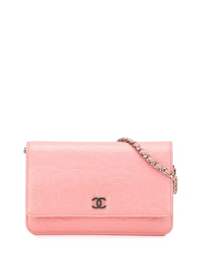 Pre-owned Chanel 2012 Embossed Lambskin Camellia Wallet On Chain Crossbody Bag In Pink