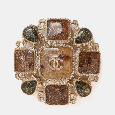 Pre-owned Chanel 2012 Green/beige Glitter Resin Cc Brooch