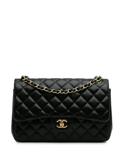 Pre-owned Chanel 2012 Jumbo Classic Lambskin Double Flap Shoulder Bag In Black