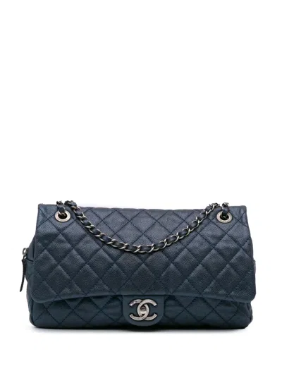 Pre-owned Chanel 2012 Jumbo Quilted Caviar Easy Flap Shoulder Bag In Blue