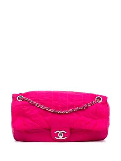 Pre-owned Chanel 2012 Jumbo Quilted Nylon Soft Shell Flap Shoulder Bag In Pink