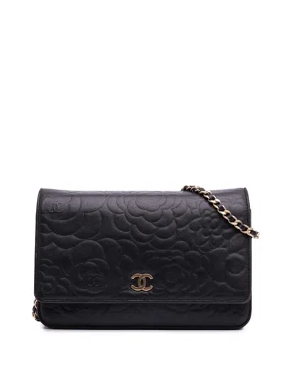 Pre-owned Chanel 2012 Lambskin Camellia Embossed Wallet On Chain Crossbody Bag In Black