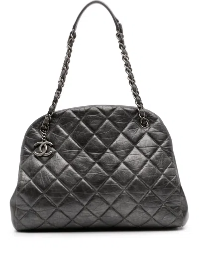 Pre-owned Chanel 2012 Large Aged Calfskin Just Mademoiselle Bowling Bag Tote Bag In Gray