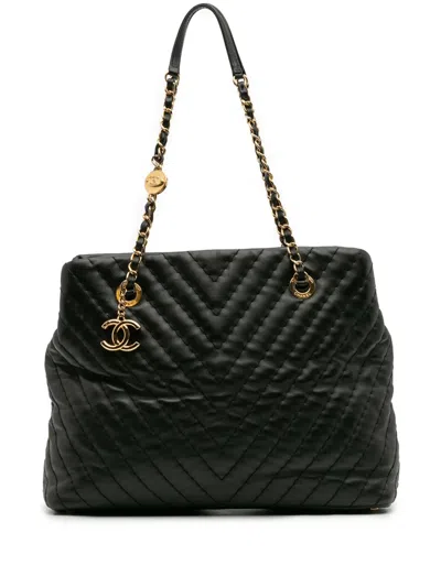 Pre-owned Chanel 2012 Large Chevron Calfskin Surpique Tote Bag In Black