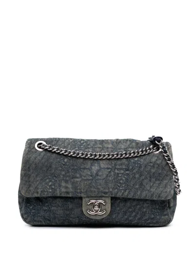 Pre-owned Chanel 2012 Large Embroidered Denim Camellia Flap Crossbody Bag